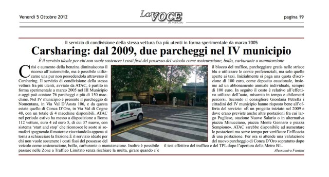 Carsharing: dal 2009, due parcheggi nel IV municipio