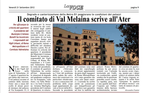Il comitato di Val Melaina scrive all'Ater